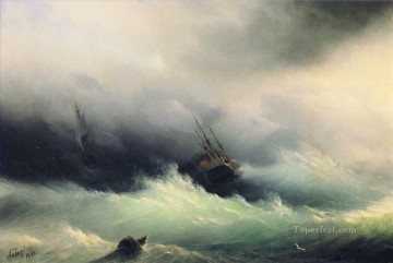 風景 Painting - イワン・アイヴァゾフスキー 嵐の中の船 1860年の海の波